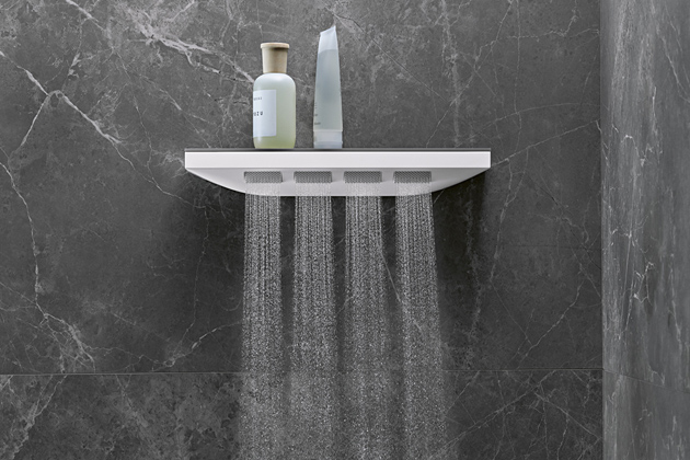 Šíjová sprcha Rainfinity (Hansgrohe) s poličkou 50,2 × 8,1 cm, možnost využití jako zádová nebo boční, cena 17 420 Kč, www.hansgrohe.cz Šíjová sprcha Rainfinity (Hansgrohe) s poličkou 50,2 × 8,1 cm, možnost využití jako zádová nebo boční, cena 17 420 Kč, www.hansgrohe.cz