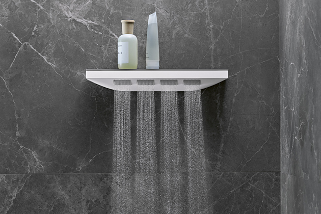 Šíjová sprcha Rainfinity (Hansgrohe) s poličkou  50,2 × 8,1 cm, možnost využití jako zádová nebo boční, cena 17 420 Kč, www.hansgrohe.cz