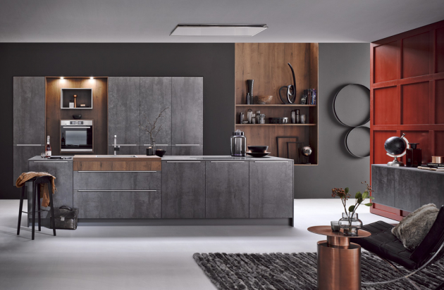 Kuchyňský koncept AV8000 ze série Systemat (Häcker Küchen), betonová stěrka, odstín Iron Grey a dubová dýha, WWW.POGGENPOHL.CZ, WWW.SEDLAKINTERIER.CZ