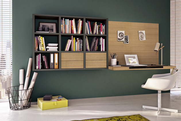 Sestava domácí pracovny Mega Design s knihovnou (hülsta), design hülsta, šedý lak a dub, možnost výběru z barev a materiálů, délka modulu 300 cm, cena od 149 000 Kč, WWW.HOMESTYLE.CZ