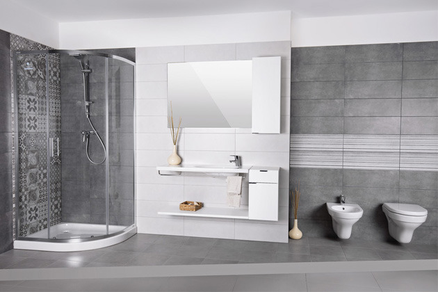 Koupelna v minimalistickém pojetí. Obkladová série Beton šedý, cena od 399 Kč/m2