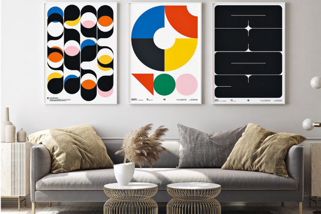 Grafické plakáty Color Rain, Misfits a Ahoy inspirované školou Bauhaus (PosterLad), design Vratislav Pecka, orientační cena od 1 054 Kč, WWW.POSTERLAD.COM
