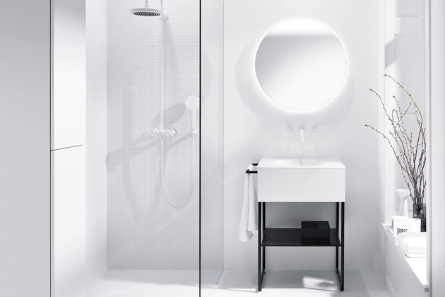 Koupelnový nábytek Coco (Burgbad), návrh španělské designové studio Lievore Altherr, litý mramor a kovová konstrukce