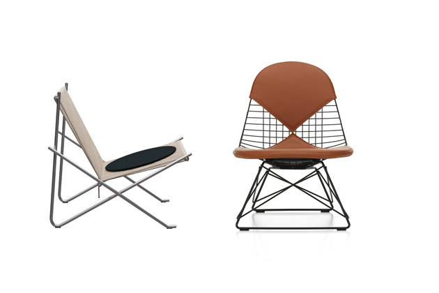 Křesílko PK4 (Fritz Hansen) a skořepinový sedák Eames Shell Chairs LSR a LKR (Vitra) 