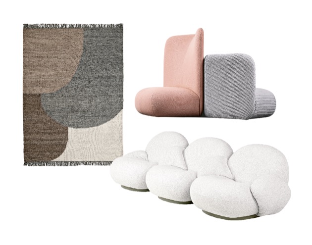 Kusový koberec z kolekce Eik (Linie Design), modulární sedací díl z kolekce Botera (Miniforms) a pohovka z kolekce Pacha (Gubi)