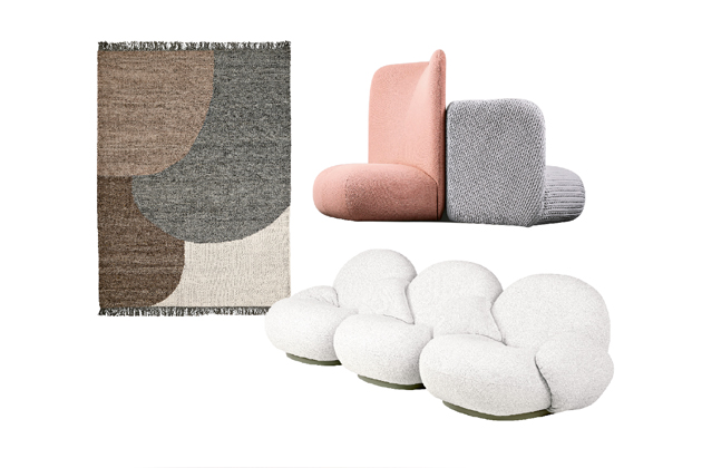 Kusový koberec z kolekce Eik (Linie Design), modulární sedací díl z kolekce Botera (Miniforms) a pohovka z kolekce Pacha (Gubi)