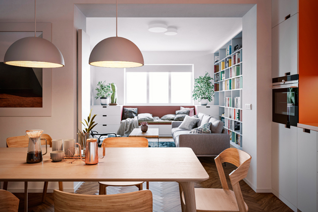 V bytě jsou použity dubové masivní podlahy. Zvolený odstín dřeva působí hřejivě, solidně a tvoří zásadní jednotící prvek celého bytu.