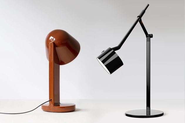 Vlevo: stolní lampa Céramique (Flos). Vpravo: stolní lampa Lightrig (Martinelli Luce)