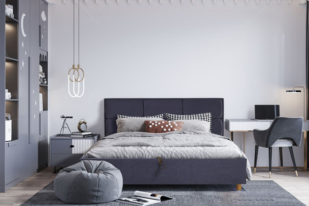 Čalouněná postel Aurora, dřevo, polyester, studená pěna, kov, orientační cena 30 000 Kč