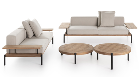 Nábytek z kolekce Lademadera, design Francesco Meda a David Quincoces, týkový masiv, hliník s práškovým nástřikem, polyuretan, polyesterová vodoodpudivá outdoorová textilie, cena dvousedáku 185 622 Kč 