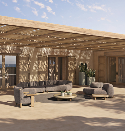 Nábytek z kolekce Milos, design Jean-Marie Massaud, polyuretanová pěna, outdoorová textilie polyetylen, masivní dřevina iroko, ocenění Red Dot Design Award 2024, cena na dotaz 