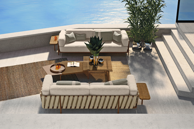 Sofa Punta Ala a stolky Talamone, design Mauro Lipparini, lakovaný kov, polyuretanová pěna, outdoorová textilie, polypropylen, stolky: lakovaný pozinkovaný kov, masivní dřevo, cena sofa od 188 540 Kč, cena stolků 102 430 a 136 900 Kč