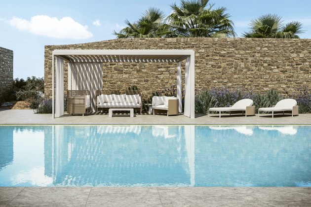 Pergola Eivissa, design Ludovica a Roberto Palombovi, lakovaný hliník a outdoorová textilie, cena na dotaz