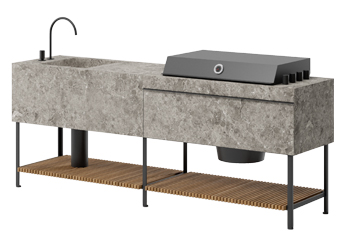 Base Kitchen, základem kuchyně je hliníkový rám s kamennými moduly s dřezem, plynovým vařičem či grilem a pracovní plochou, k dispozici je také modul s vinotékou 