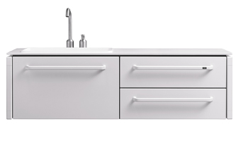 Vipp 982, skříňka z práškovaného hliníku s deskou a integrovaným umyvadlem z kompozitního materiálu Cristalplant, rozměry  39 × 127 × 46 cm, cena 96 871 Kč