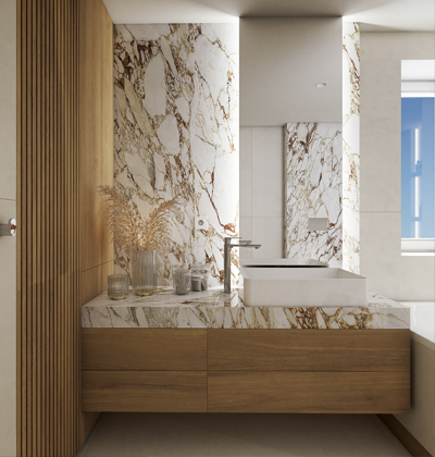 Andrasia, design Ing. arch. Alexandra Kaščaková, realizace koupelny s velkoformátovou dlažbou v imitaci mramoru Cosmopolitan Arabescato Oro, formát 120 × 278 cm, cena 4 488 Kč/m2