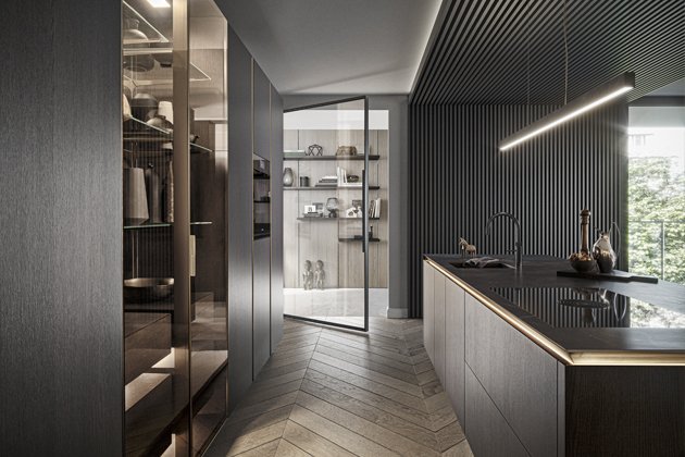SLX Pure, elegantní kombinaci tmavého dřeva a skla podtrhuje ambientní osvětlení zasazené pod hranu ostrůvku → www.stopka.cz  2 Lhov (Elica), design Fabrizio Crisà, multifunkční spotřebič spojující varnou desku, troubu a odsavač do jednoho kompaktního inteligentního přístroje, cena na dotaz 