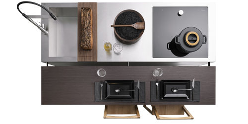 Small Living Kitchens, design Andrea Federici, koncept kompaktních kuchyní obohacený o nové doplňky, jako jsou snídaňové bary a stolky z kompozitního dřeva, cena na dotaz 