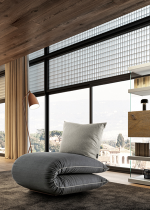 Rozkládací křeslo Chama, provedení Darwin, (Lago), design Mi Jin Park, futon, rozměr  82 × 100/208 × 82 cm, cena 54 600 Kč bez DPH