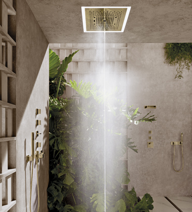 Efektivní zážitek z vody  Dešťový panel SERENITY SKY hladce zapadá do stropu bez viditelných úchytů. S nadčasovým designem od Sieger Design promění sprchování v regenerační rituál. Základní varianta nabízí dva režimy, vylepšená verze pět unikátních proudění