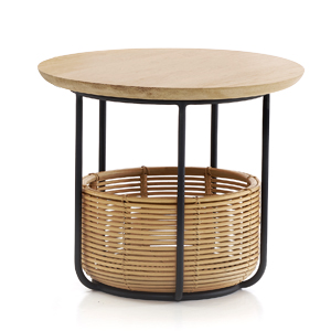 Stolek Basket, ratan, masivní dub, ocel s práškovým nástřikem, Ø 46 cm, výška 38 cm, cena na dotaz 