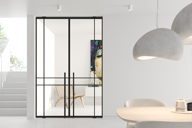 Otočné dveře DIVALINE dvoukřídlé, RAL 9005, madlo HH1200, čiré sklo