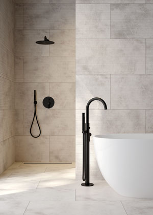 Molle, volně stoj&iacute;c&iacute; vanov&aacute; baterie  s&nbsp;ručn&iacute; sprchou, grafitov&eacute; proveden&iacute;, materi&aacute;l mosaz, v&yacute;&scaron;ka 106&thinsp;cm, cena na&nbsp;dotaz  &rarr; www.oltens.com 