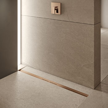 TECEdrainprofile, sprchov&yacute; odtokov&yacute; žl&aacute;bek z&nbsp;nerezu s&nbsp;PVD povrchem v&nbsp;růžově zlatav&eacute;m kart&aacute;čovan&eacute;m proveden&iacute;, cena na&nbsp;dotaz