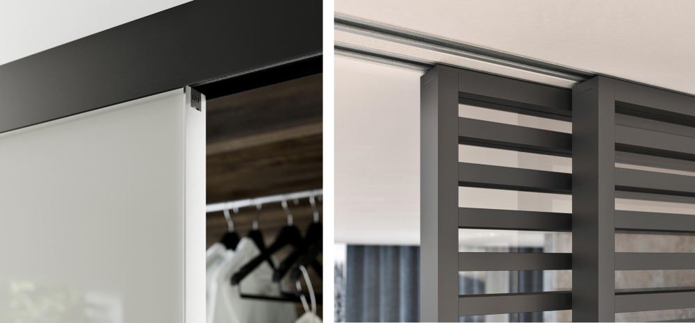 Detail uchycen&iacute; dveř&iacute; MASTER v posuvu TRIX TRENDY (vlevo). Detail uchycen&iacute; dveř&iacute; IDEALINE HORIZONTAL do posuvu do stropu PREMIUM (vpravo)