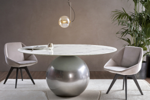 Jídelní stůl Circus, deska: dřevo, keramika, mramor, podnoží: matně lakovaný  kov v různých barvách, Ø 140, 160 a 180 cm,  výška 75 cm, cena od 168 868 Kč 