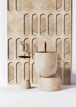 Maat, solit&eacute;rn&iacute; umyvadlo tvoř&iacute;  dvě organick&eacute; hmoty vytesan&eacute; z&nbsp;kamene, vnitřn&iacute; prostor umyvadla je z&nbsp;mědi, cena na&nbsp;dotaz 