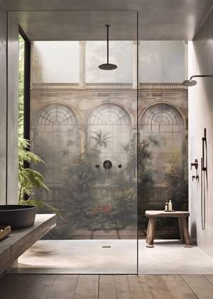 Glasshouse, tapeta z&nbsp;kolekce Mirragi s&nbsp;motivem star&eacute;ho sklen&iacute;ku je vhodn&aacute; i&nbsp;do&nbsp;vlhk&eacute;ho prostřed&iacute; koupelny, cena na&nbsp;dotaz