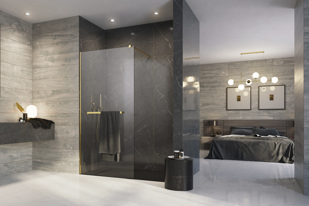 Sprchov&yacute; kout Modo New Gold II, drž&aacute;k na ručn&iacute;k, PVD povrch, bezpečnostn&iacute; sklo, cena od 13&nbsp;150 Kč