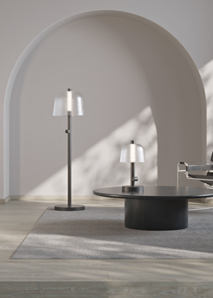 Symbioosa, design LLEV, stoln&iacute; a&nbsp;podlahov&aacute; lampa z&nbsp;lakovan&eacute; nerezavěj&iacute;c&iacute; oceli, dřeva a&nbsp;skla foukan&eacute;ho do mycelia, cena na dotaz 