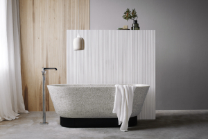 Flow, volně stojící vana z kompozitního materiálu ze dřeva a lepidel na bázi pryskyřice, cena na dotaz → www.terve.cz