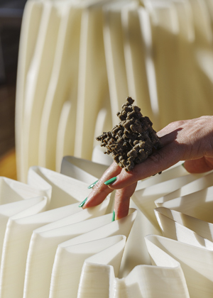 PhotoSynthetica, plisovan&aacute; stolička a&nbsp;prsten vyroben&eacute; 3D tiskem jako vedlej&scaron;&iacute; produkt z&nbsp;biomasy z&iacute;skan&eacute; z&nbsp;procesu či&scaron;těn&iacute; zneči&scaron;těn&eacute;ho ovzdu&scaron;&iacute;, cena na dotaz 