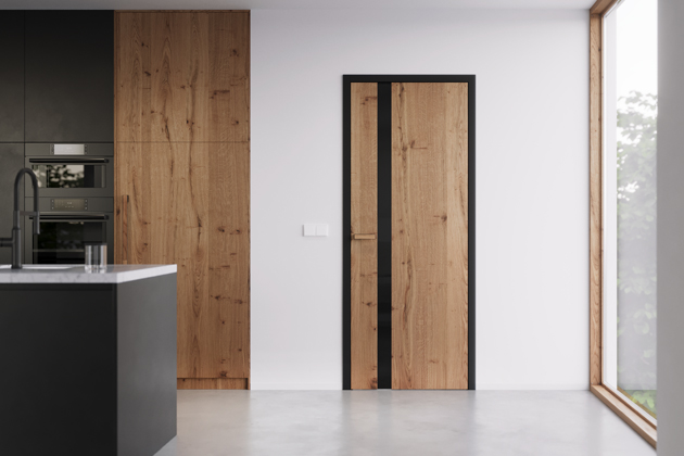 Dveře HARMONIE, d&yacute;ha dub tr&aacute;mov&yacute; &ndash; olej Pure, z&aacute;rubeň mini OBTUS, barva Premium RAL 9005, sklo Connex black