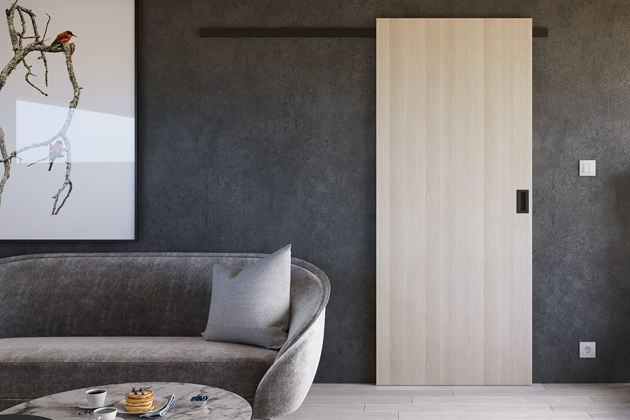 Posuvn&eacute; dveře na stěnu Klasik pln&eacute;  s povrchem CPL SOLO 3D &ndash; Dub  bělen&yacute;, posuvn&yacute; syst&eacute;m Patriot od SOLODOOR 