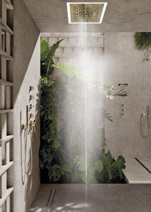 Sprcha Serenity Sky, design společnosti Sieger Design zapad&aacute;  do&nbsp;stropu bez zjevn&yacute;ch &scaron;roubov&yacute;ch spojů,  dva nebo pět režimů, voliteln&eacute; osvětlen&iacute; , cena od 160 000 Kč