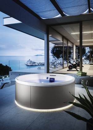 Nubea Round, v&iacute;řiv&aacute; vana vhodn&aacute; k&nbsp;zapu&scaron;těn&iacute; i&nbsp;solit&eacute;rn&iacute;mu um&iacute;stěn&iacute;, Filo trysky, světeln&aacute; a&nbsp;barevn&aacute; terapie, Bluetooth, &Oslash; 166&thinsp;cm, cena 101 830 Kč