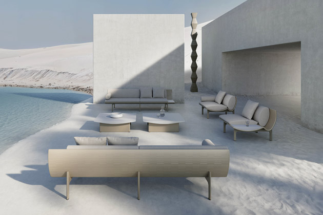 Kolekce n&aacute;bytku Dunne, design Nao Tamura, pr&aacute;&scaron;kově lakovan&yacute; recyklovateln&yacute; hlin&iacute;k, polyuretan, polyester, beton, v&iacute;ce barev,&nbsp;cena na dotaz