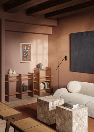 Konzolov&yacute; &uacute;ložn&yacute; syst&eacute;m Rami, r&aacute;m lakovan&aacute; dřevovl&aacute;knit&aacute; deska, police z&nbsp;kovu s&nbsp;pr&aacute;&scaron;kov&yacute;m n&aacute;střikem,&nbsp;cena 17 799&nbsp;Kč