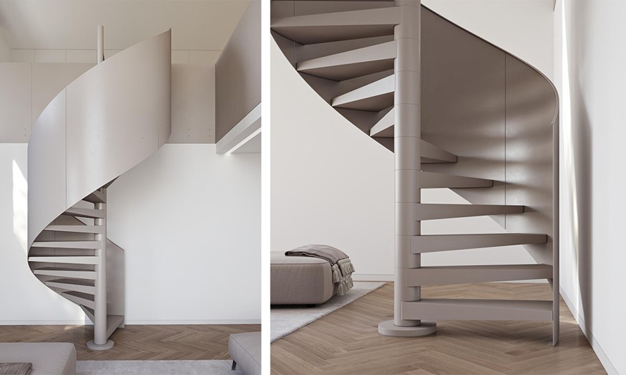 Schodi&scaron;tě CIRCLE, celokovov&eacute; proveden&iacute; s pln&yacute;m kovov&yacute;m z&aacute;bradl&iacute;m, precizn&iacute; svařovan&aacute; konstrukce bez viditeln&yacute;ch spojů