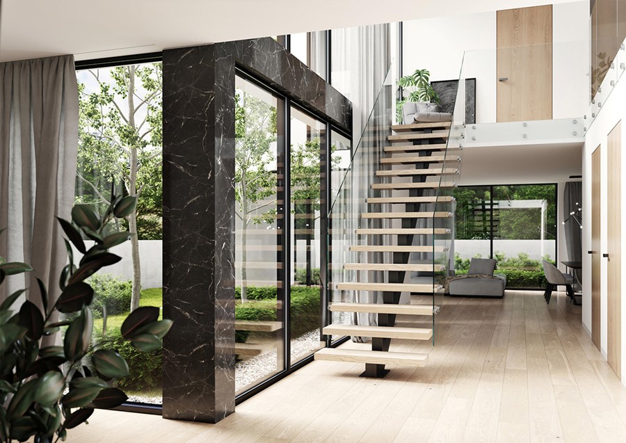 Nosn&aacute; konstrukce schodi&scaron;tě SKELET je tvořen&aacute; masivn&iacute;m jeklem, schodnice z dřevěn&eacute;ho masivu