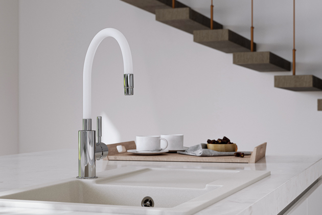 Dřezov&aacute; stoj&aacute;nkov&aacute; baterie Zumba, odoln&aacute; keramick&aacute; kartu&scaron;e, b&iacute;l&aacute; a&nbsp;nerez, elastick&eacute; rameno, v&iacute;ce barev, z&aacute;ruka pět let, cena 1&nbsp;499&nbsp;Kč 