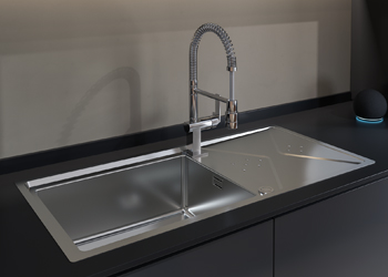 Dřez Brooklyn 60 M-XP 1B 1D Plus, nerezov&aacute; ocel, vzor ikonick&eacute; newyorsk&eacute; architektury, technologie SilentSmart proti hluku z&nbsp;kapaj&iacute;c&iacute; vody, horn&iacute; mont&aacute;ž, instalace do skř&iacute;ňky &scaron;&iacute;řky min. 60 cm, cena 8&nbsp;990&nbsp;Kč, baterie MY1 CR (Teka), vysok&eacute; otočn&eacute; rameno, leskl&yacute; chrom, cena 6&nbsp;990&nbsp;Kč 