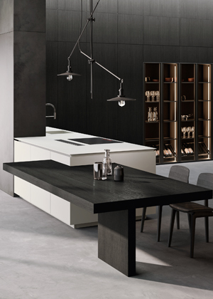 Obliqua 01, minimalistick&aacute; kuchyň z&nbsp;materi&aacute;lu Fenix v&nbsp;&scaron;edav&eacute;m odst&iacute;nu, vyroben&aacute; s&nbsp;důrazem na precizn&iacute; zpracov&aacute;n&iacute; detailů, jako jsou zkosen&eacute; hrany pracovn&iacute; plochy a&nbsp;z&aacute;suvek 