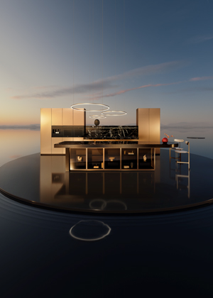 Mondial, kuchyň spojuj&iacute;c&iacute; čistou geometrii s&nbsp;opulenc&iacute; luxusn&iacute;ch materi&aacute;lů, jako je kov, př&iacute;rodn&iacute; k&aacute;men, sklo a&nbsp;dřevo