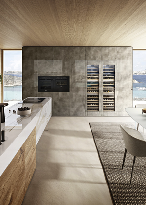 36e8, kuchyň s&nbsp;n&aacute;bytkovou&nbsp;stěnou z&nbsp;odoln&eacute;ho tvrzen&eacute;ho skla XGlass,&nbsp;kter&aacute; vytv&aacute;ř&iacute; harmonick&eacute; z&aacute;zem&iacute; pro velk&eacute; vestavěn&eacute; spotřebiče