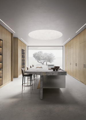 Lignum et Lapis, kuchyňsk&yacute; ostrov z&nbsp;mramoru a&nbsp;nerezavěj&iacute;c&iacute; oceli je funkčně i&nbsp;vizu&aacute;lně rozdělen na pracovn&iacute; a&nbsp;společenskou z&oacute;nu 